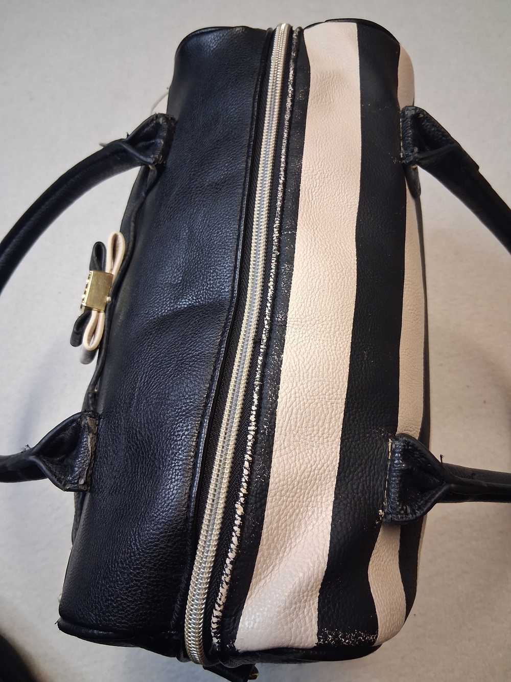 Betsey Johnson Black and Cream Striped Top-Handle Satchel with Bow Accent - Picture 10 of 13